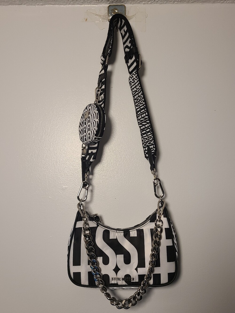 Steve Madden Black & White Logo Visual Nylon Shoulder Bag with Detachable Strap